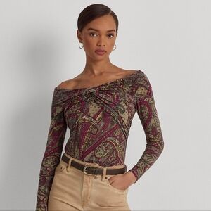 Lauren Ralph Lauren Paisley Jersey Off-the-Shoulder Top. Size L.